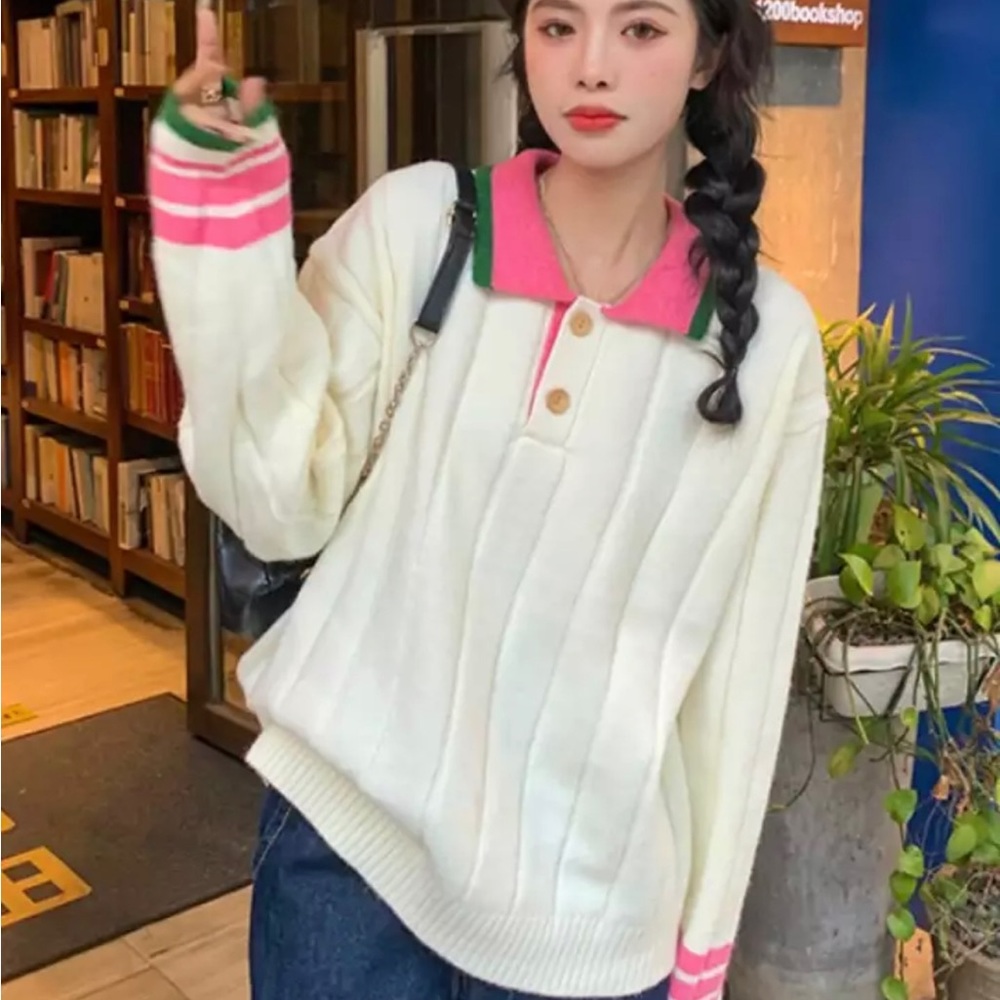 Pink and Green Trim Sweater